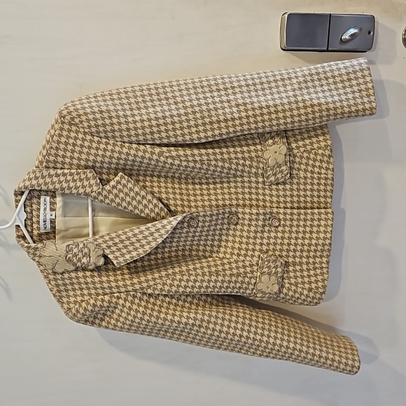 Noviello Bloom Vintage Academia Beige Tan Floral Houndstooth Wool Blazer 8 - Picture 2 of 8
